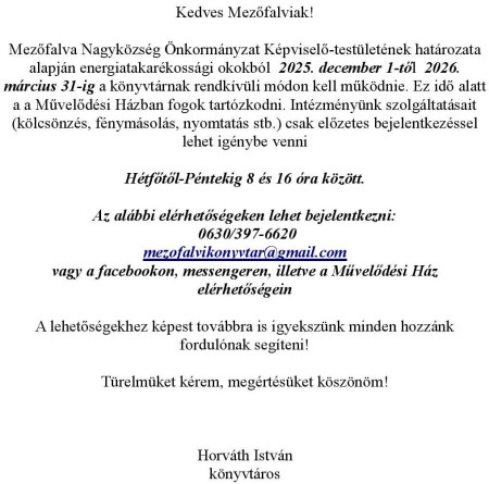 Könyvtár rendkívüli nyitvatartása - december 1-től!