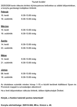 Étkezés térítési díjbefizetés - legközelebb: június 9-én!