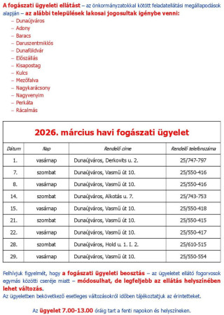 Fogászati ügyelet: márciusban.