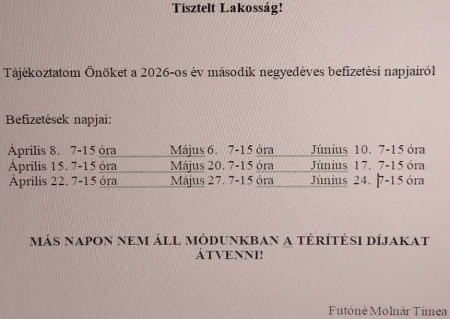 A Szociális Intézmény befizetési napjai - legközelebb: április 8-án!